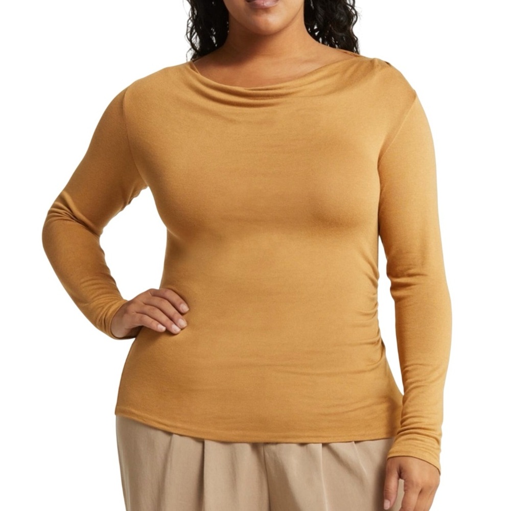 Vince Wide Cowl Neck Tan Jersey Stretch Long Sleeve Tee Shirt Blouse Honey 3X